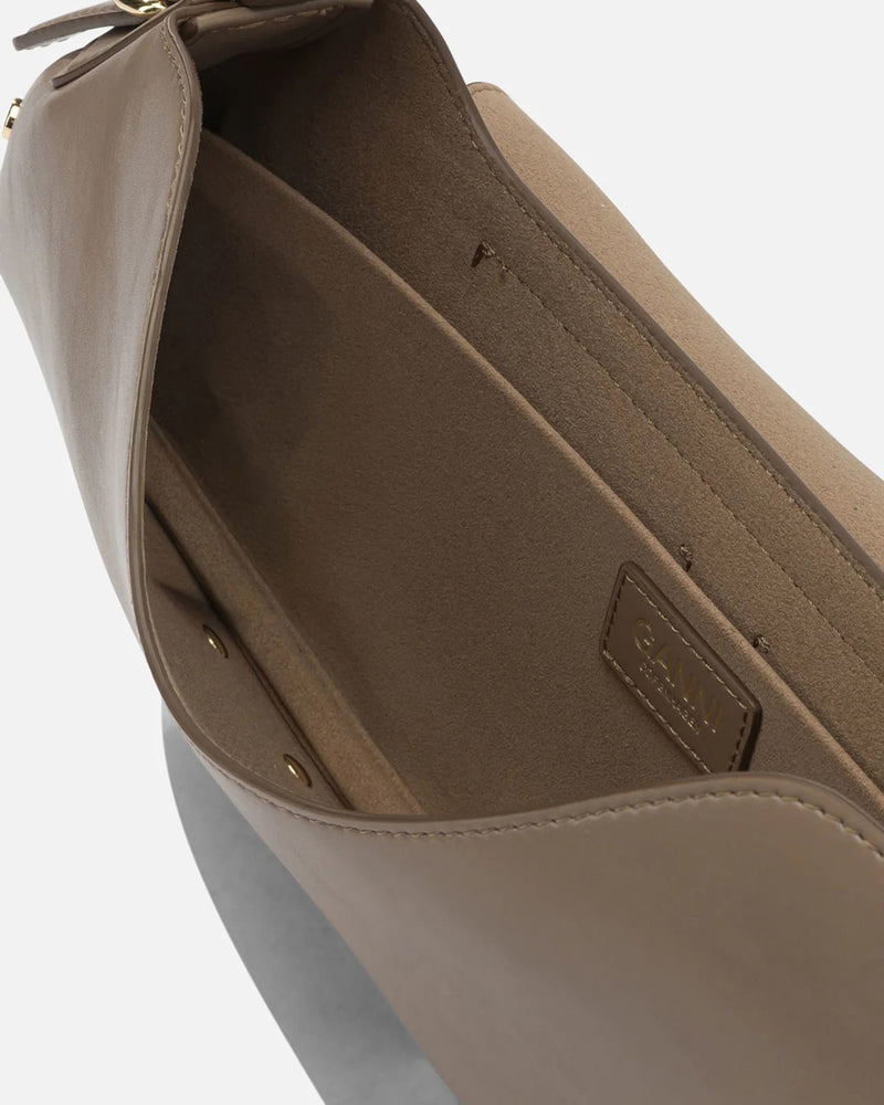 Ganni Studded Recycled Leather Shoulder Bag — Brown
