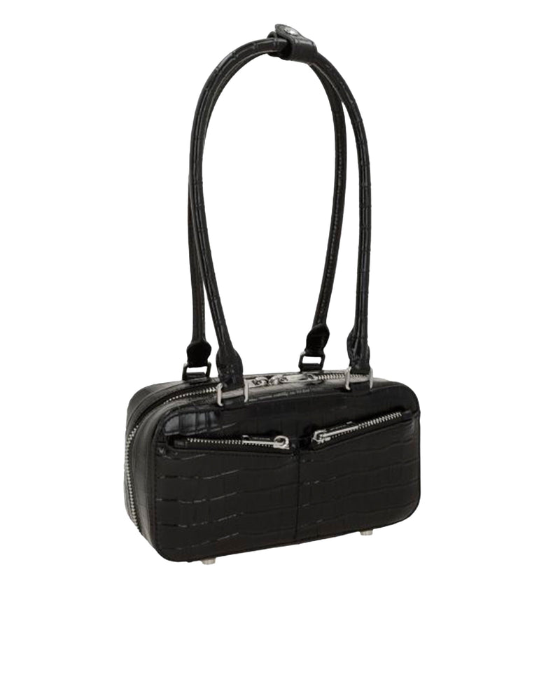 Self-Portrait Crocodile-Effect Leather Shoulder Bag — Black
