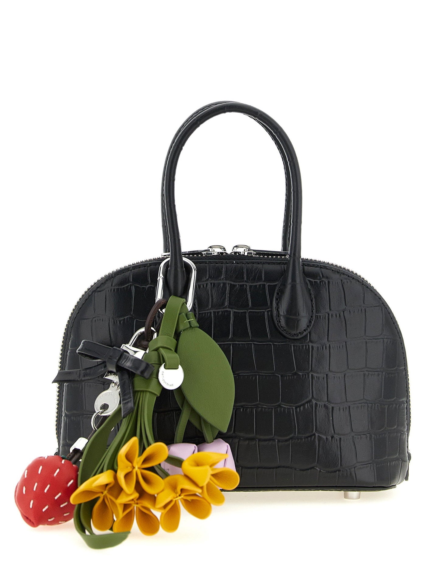 Self-Portrait Croc-Embossed Cowhide Top Handle Bag — Black