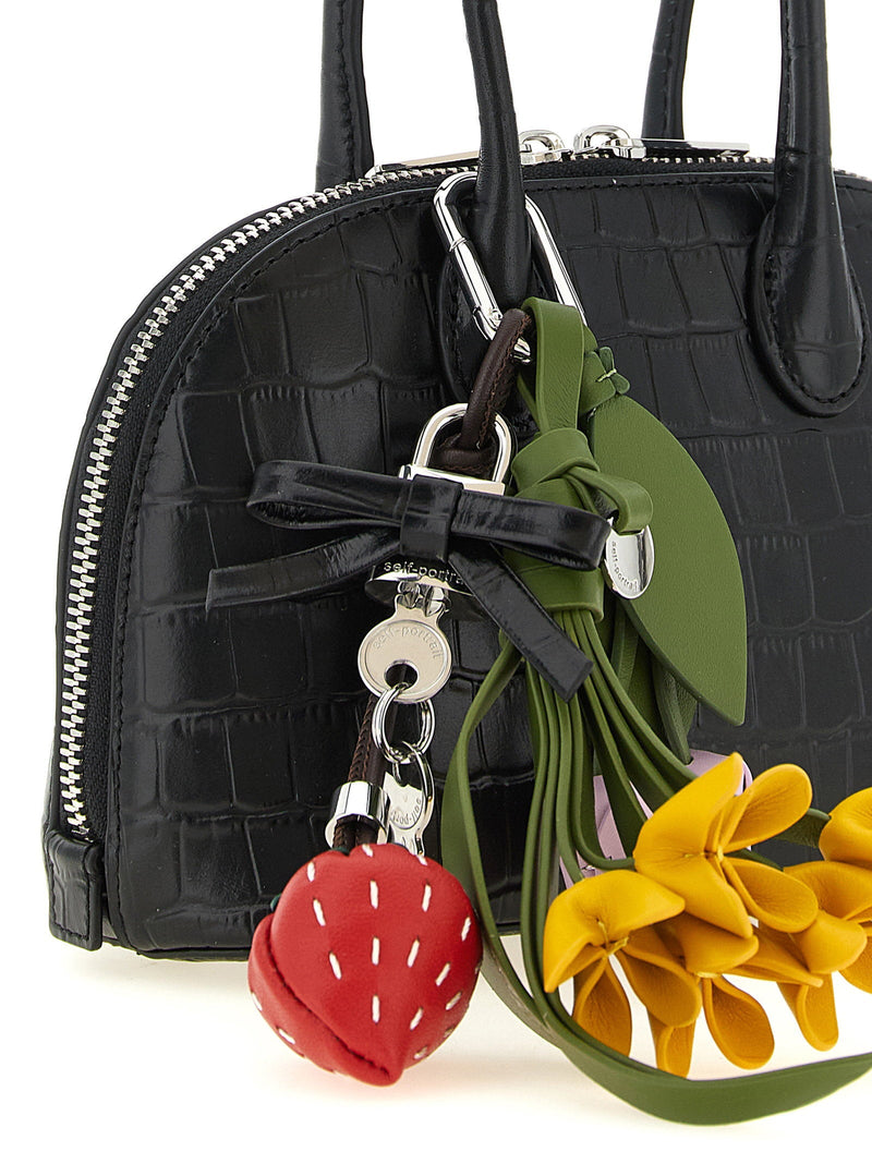 Self-Portrait Croc-Embossed Cowhide Top Handle Bag — Black