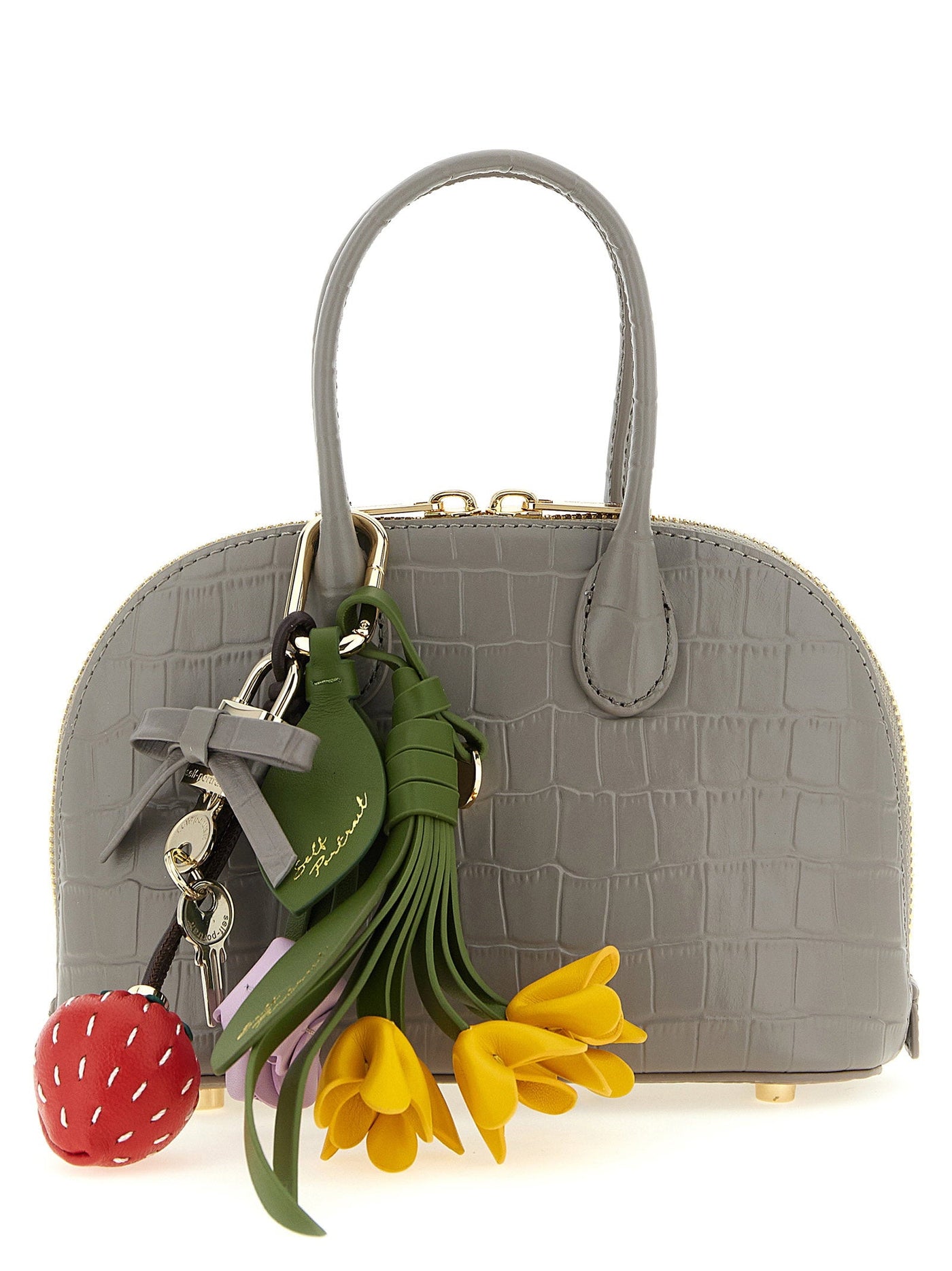 Self-Portrait Croc-Embossed Leather With Charms Top Handle Bag — Gray