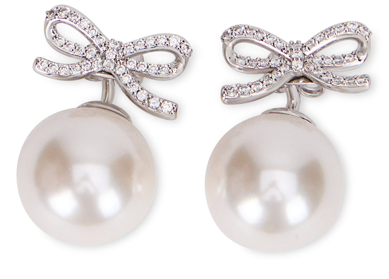 Self-Portrait Crystal Bow Button Earrings — Silver Brass