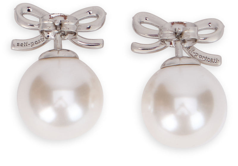 Self-Portrait Crystal Bow Button Earrings — Silver Brass