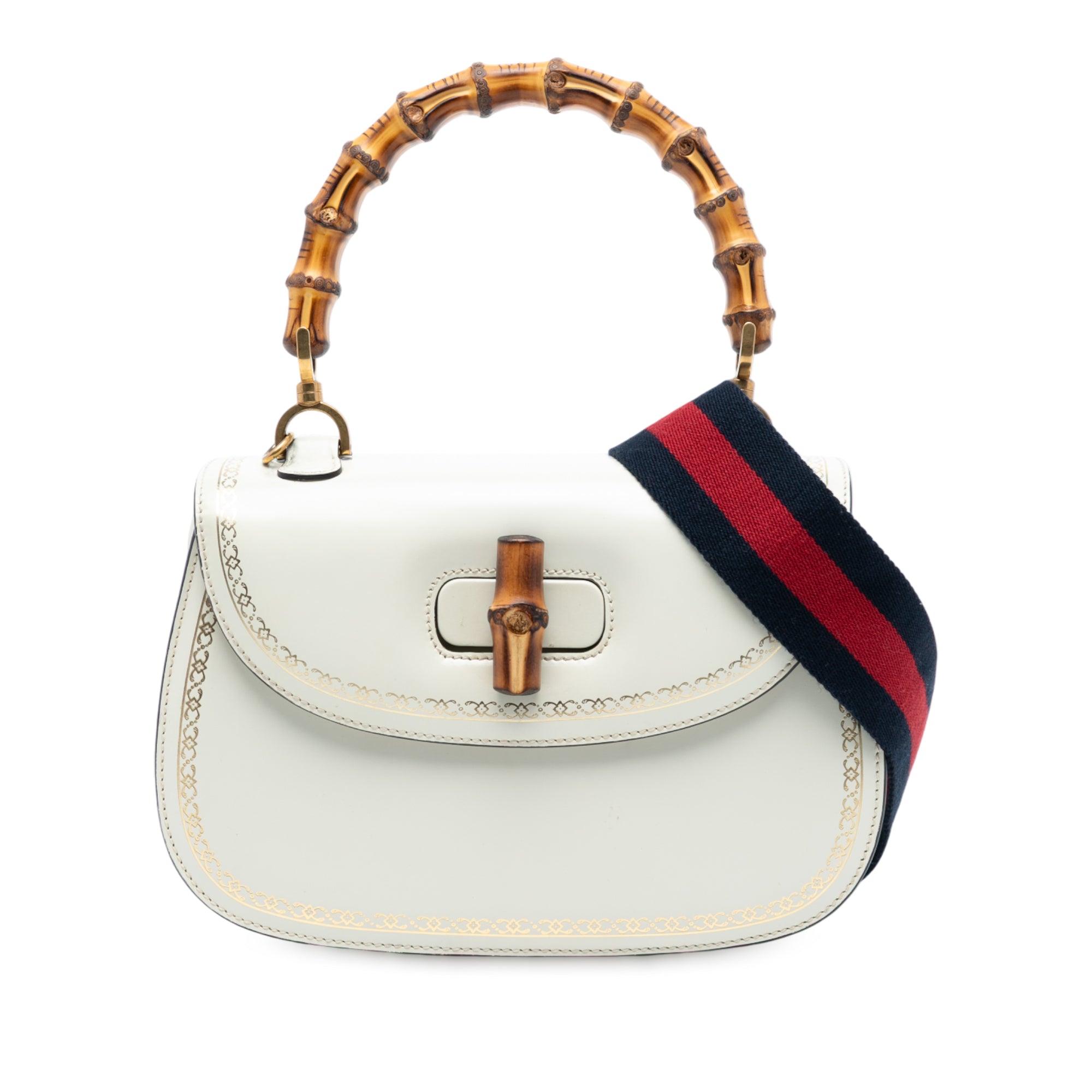 Calfskin Frame Print Bamboo Web Top Handle Bag - Image 1