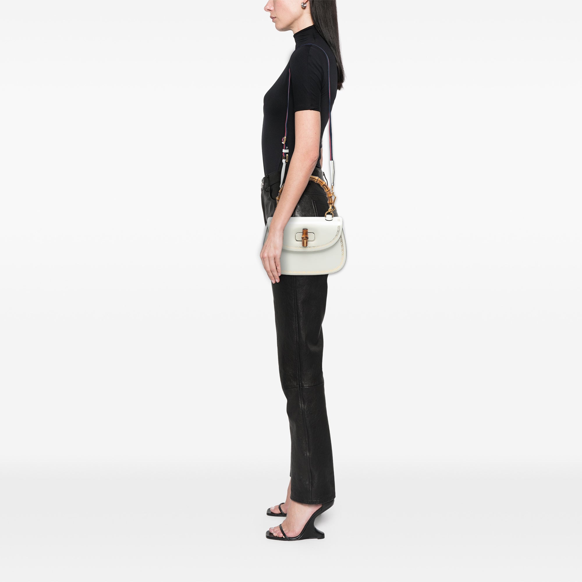 Calfskin Frame Print Bamboo Web Top Handle Bag - Image 7