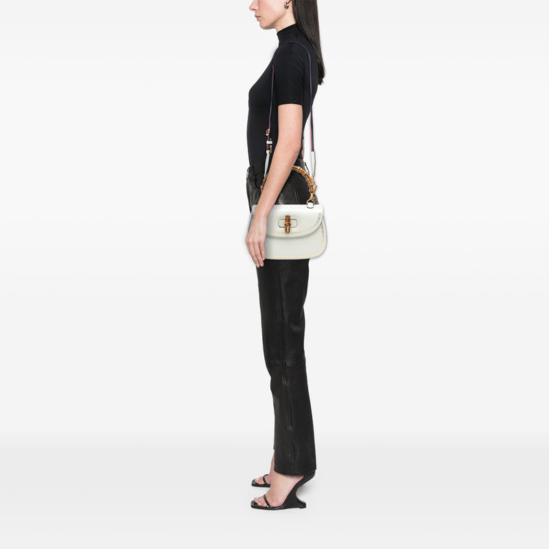 Calfskin Frame Print Bamboo Web Top Handle Bag - Image 7