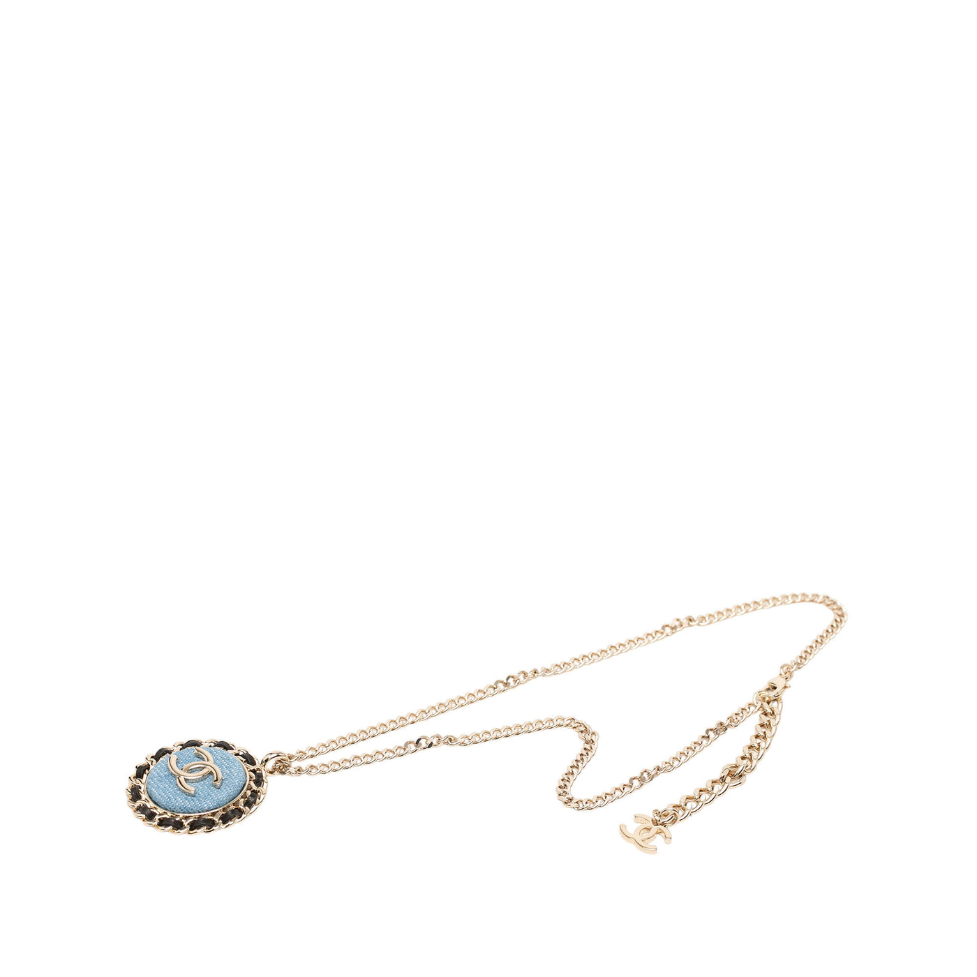 CC Gold Plated Denim Leather Woven Chain Round Pendant Necklace - Image 1