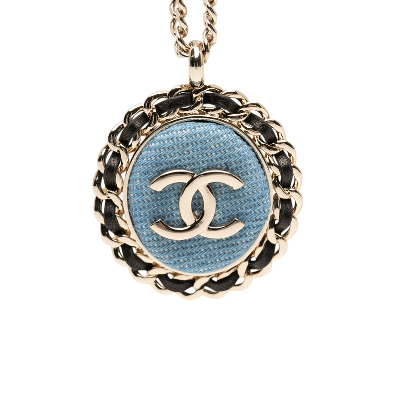 CC Gold Plated Denim Leather Woven Chain Round Pendant Necklace - Image 2