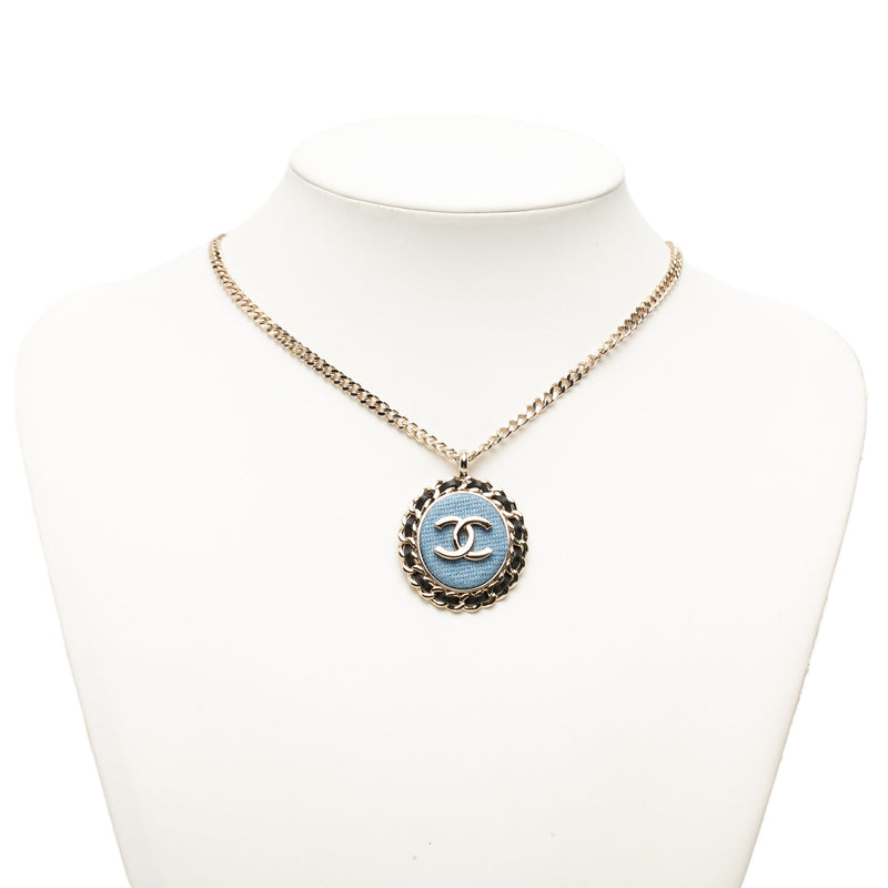 CC Gold Plated Denim Leather Woven Chain Round Pendant Necklace - Image 6