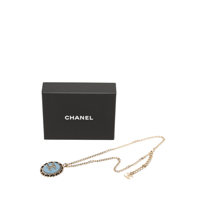 CC Gold Plated Denim Leather Woven Chain Round Pendant Necklace - Image 7