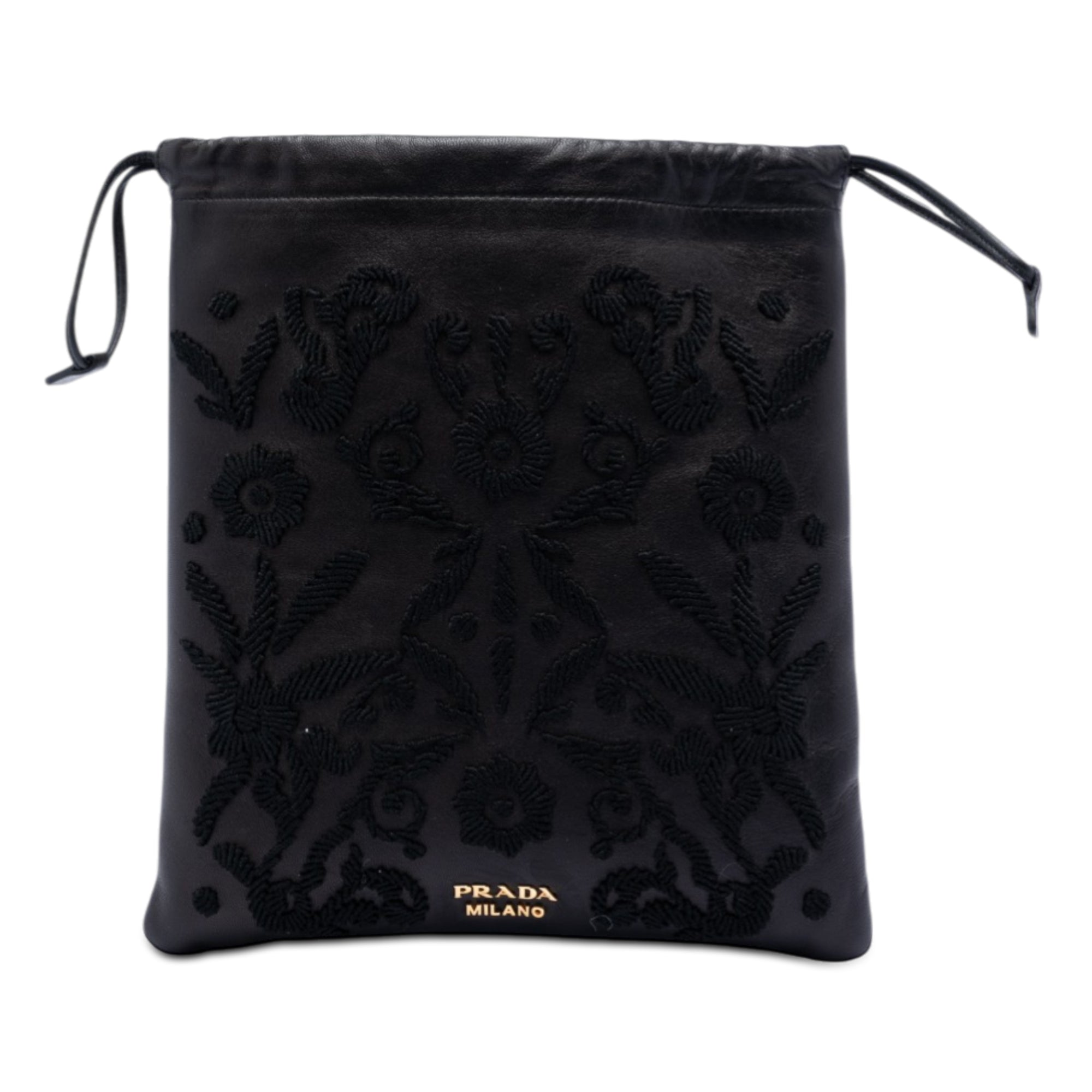 Embroidered Leather Drawstring Pouch - Image 1