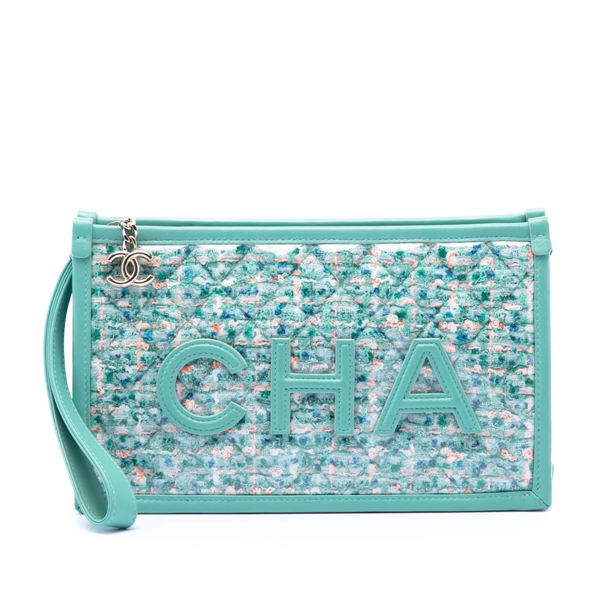Tweed PVC Logo Wristlet Clutch - Image 1
