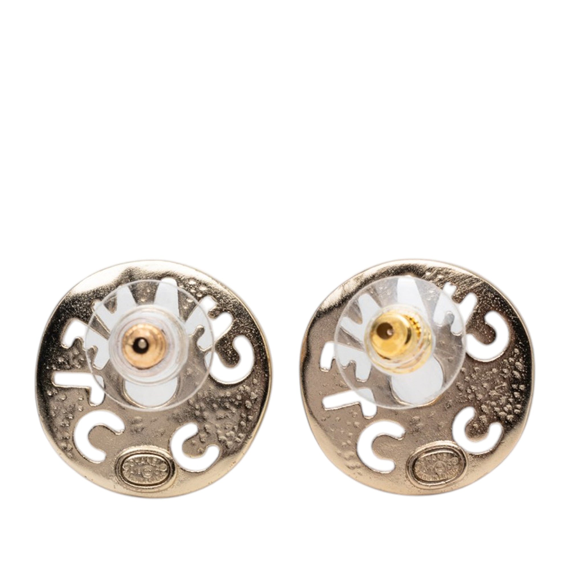 Gold Plated Strass Faux Pearl Coco Logo Disc Pushback Earrings - Image 2