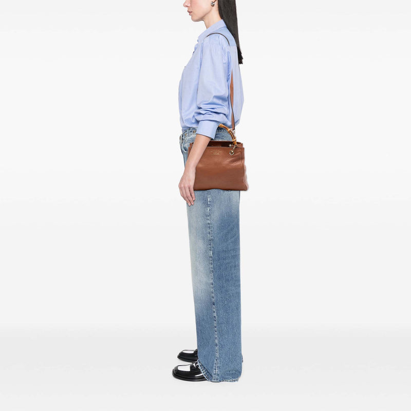 Small Calfskin Bamboo Shopper Satchel - Image 7