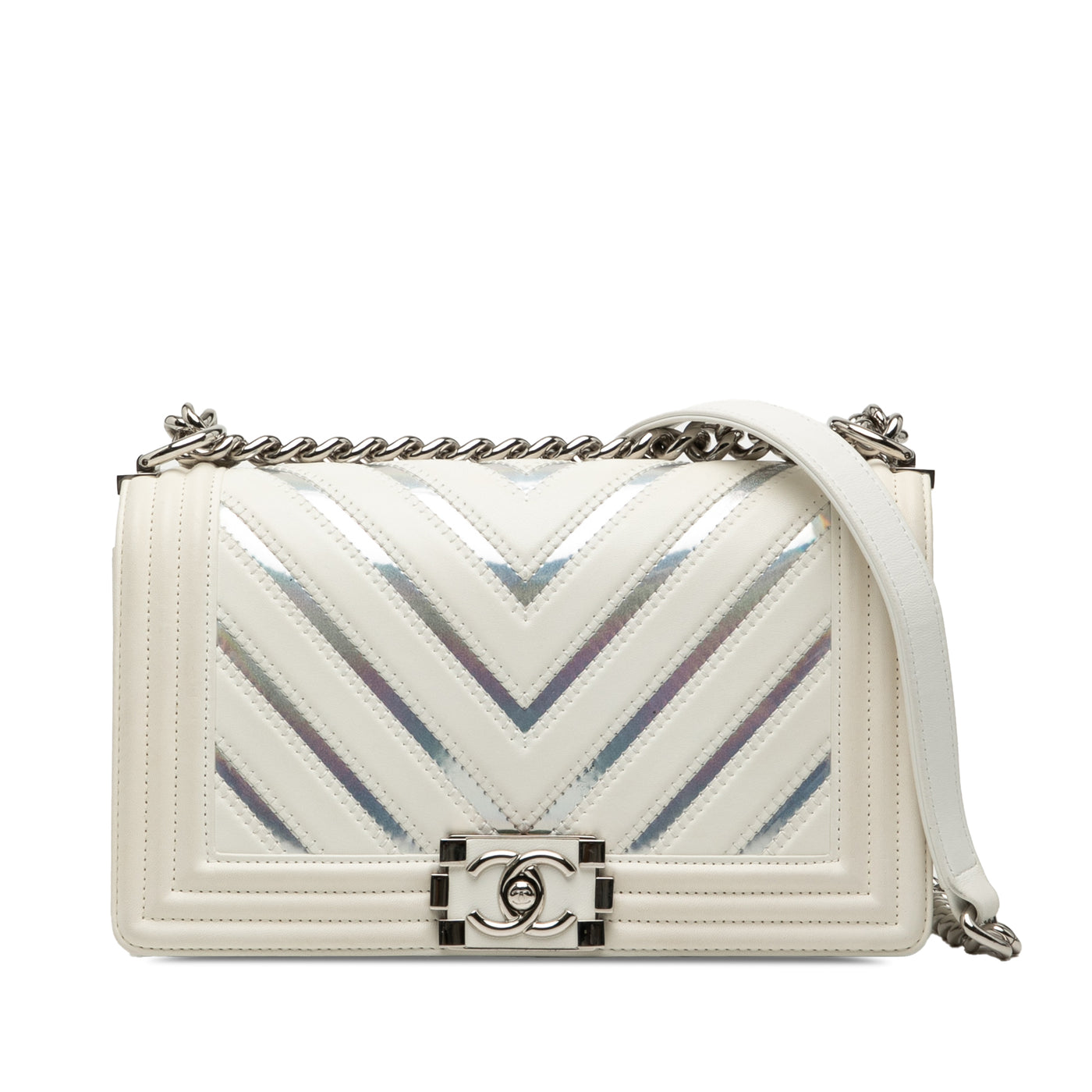 Old Medium Chevron Lambskin and Iridescent PVC Boy Flap - Image 1