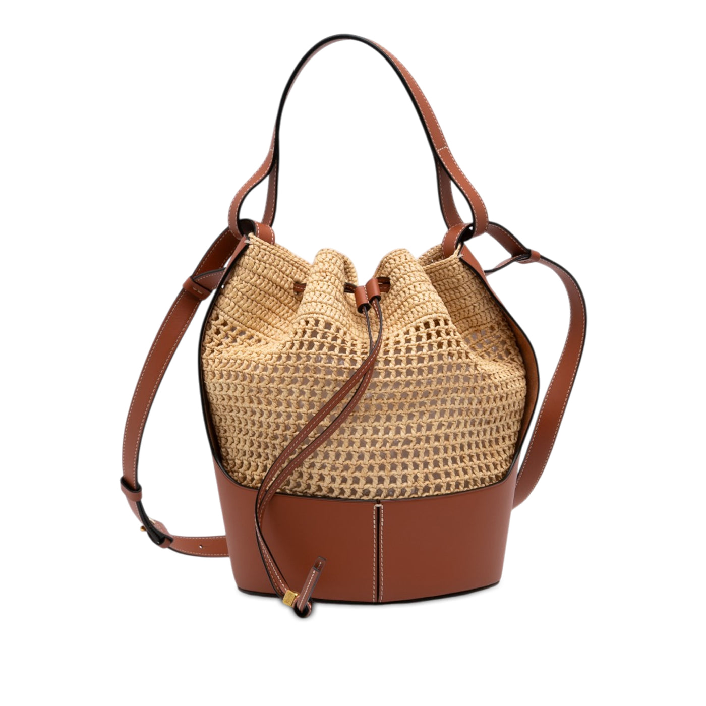 Small Raffia and Calfskin Balloon Bucket Bag - Image 1
