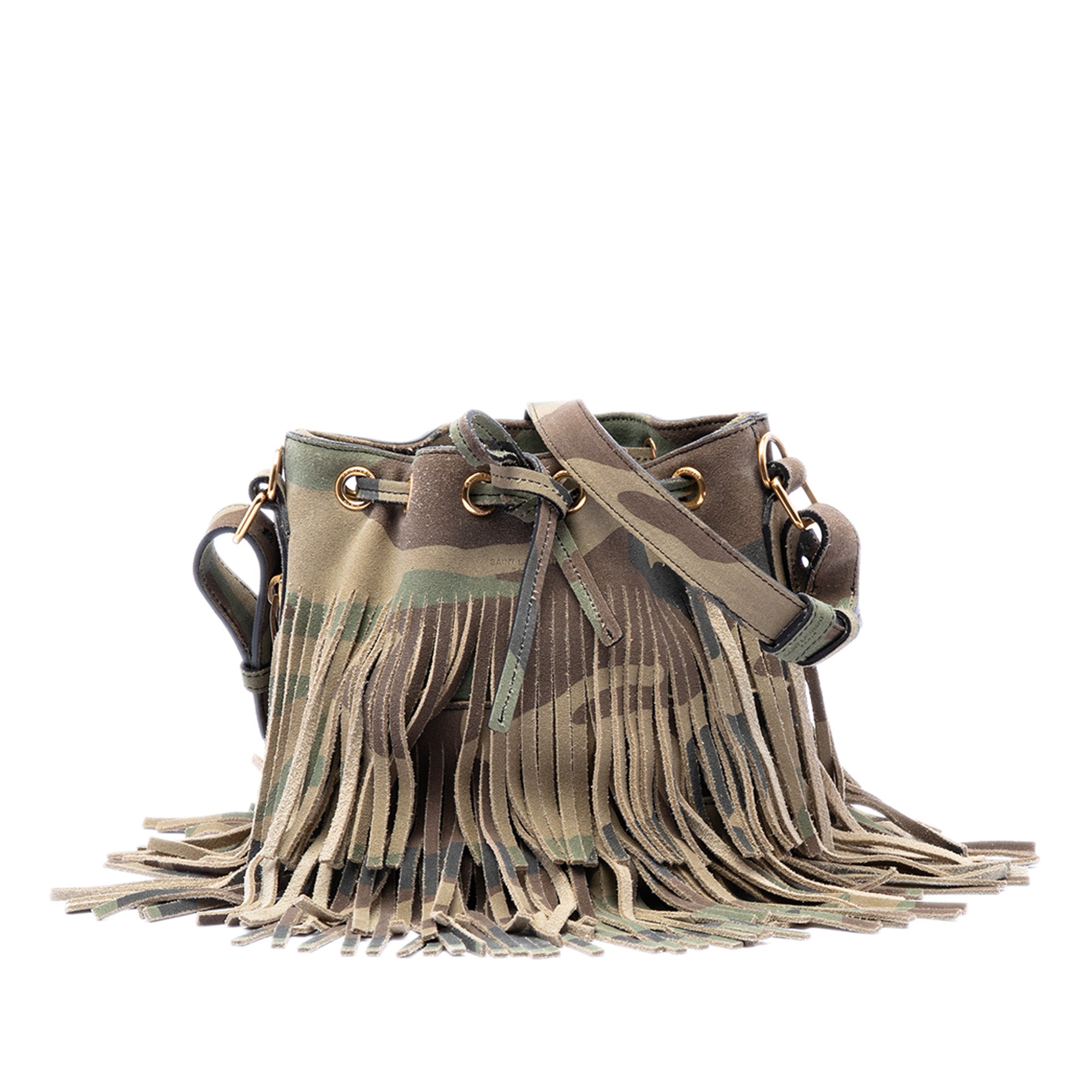 Small Camouflage Print Suede Emmanuelle Fringe Bucket Bag - Image 1