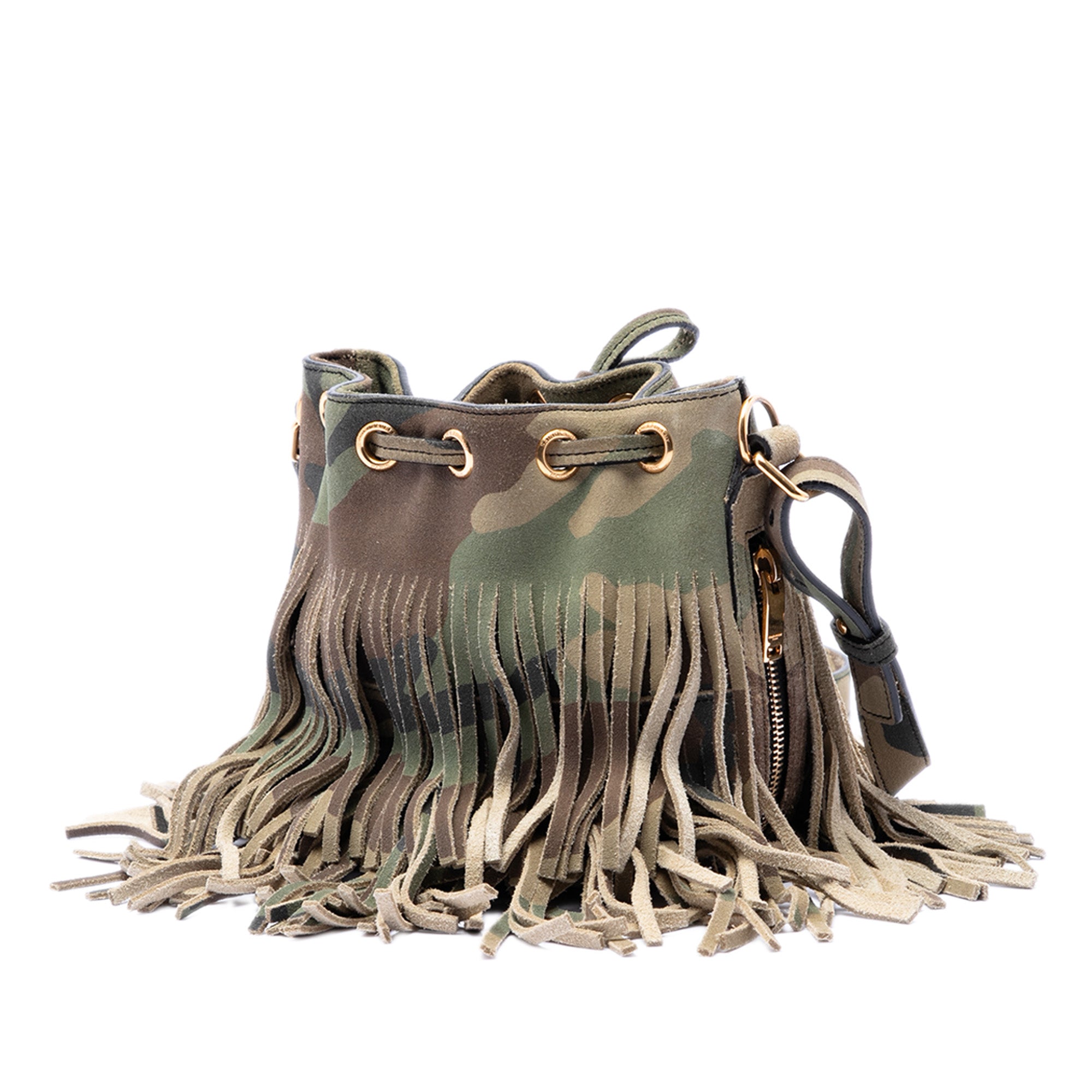 Small Camouflage Print Suede Emmanuelle Fringe Bucket Bag - Image 2