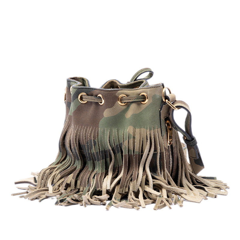 Small Camouflage Print Suede Emmanuelle Fringe Bucket Bag - Image 2