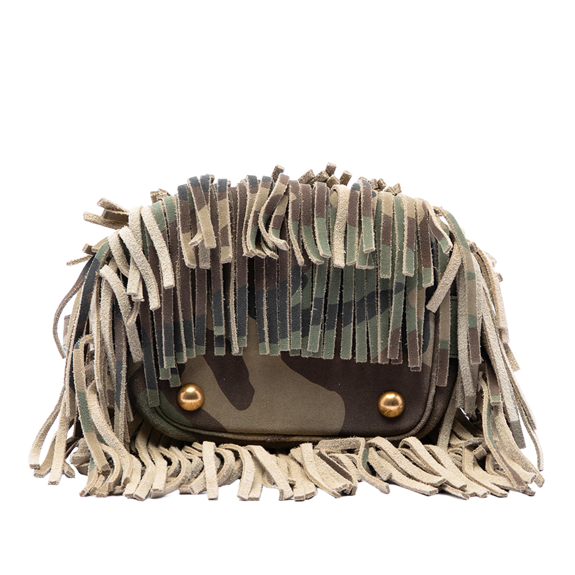 Small Camouflage Print Suede Emmanuelle Fringe Bucket Bag - Image 3