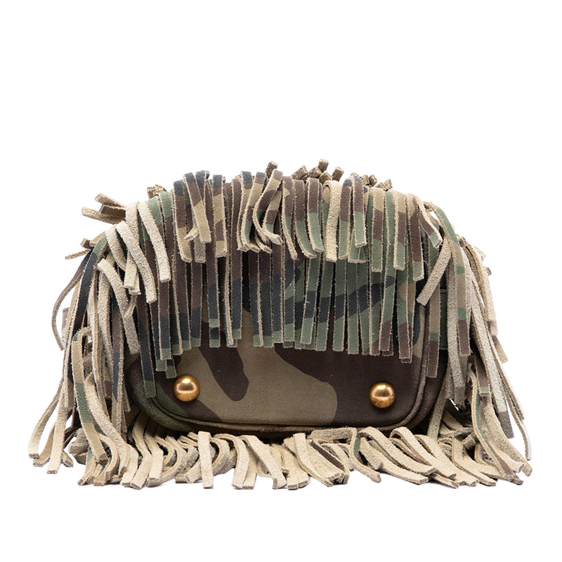 Small Camouflage Print Suede Emmanuelle Fringe Bucket Bag - Image 3