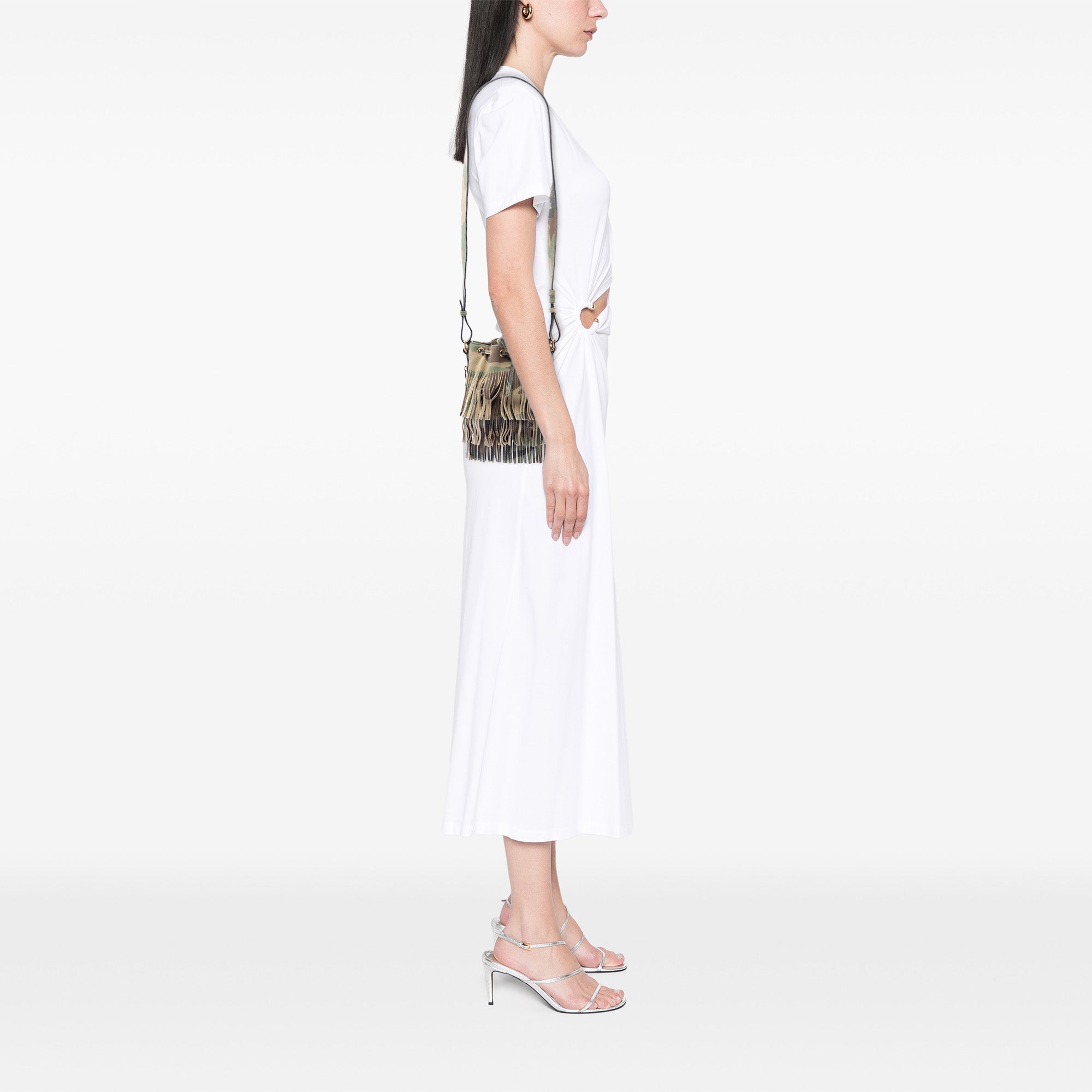 Small Camouflage Print Suede Emmanuelle Fringe Bucket Bag - Image 6