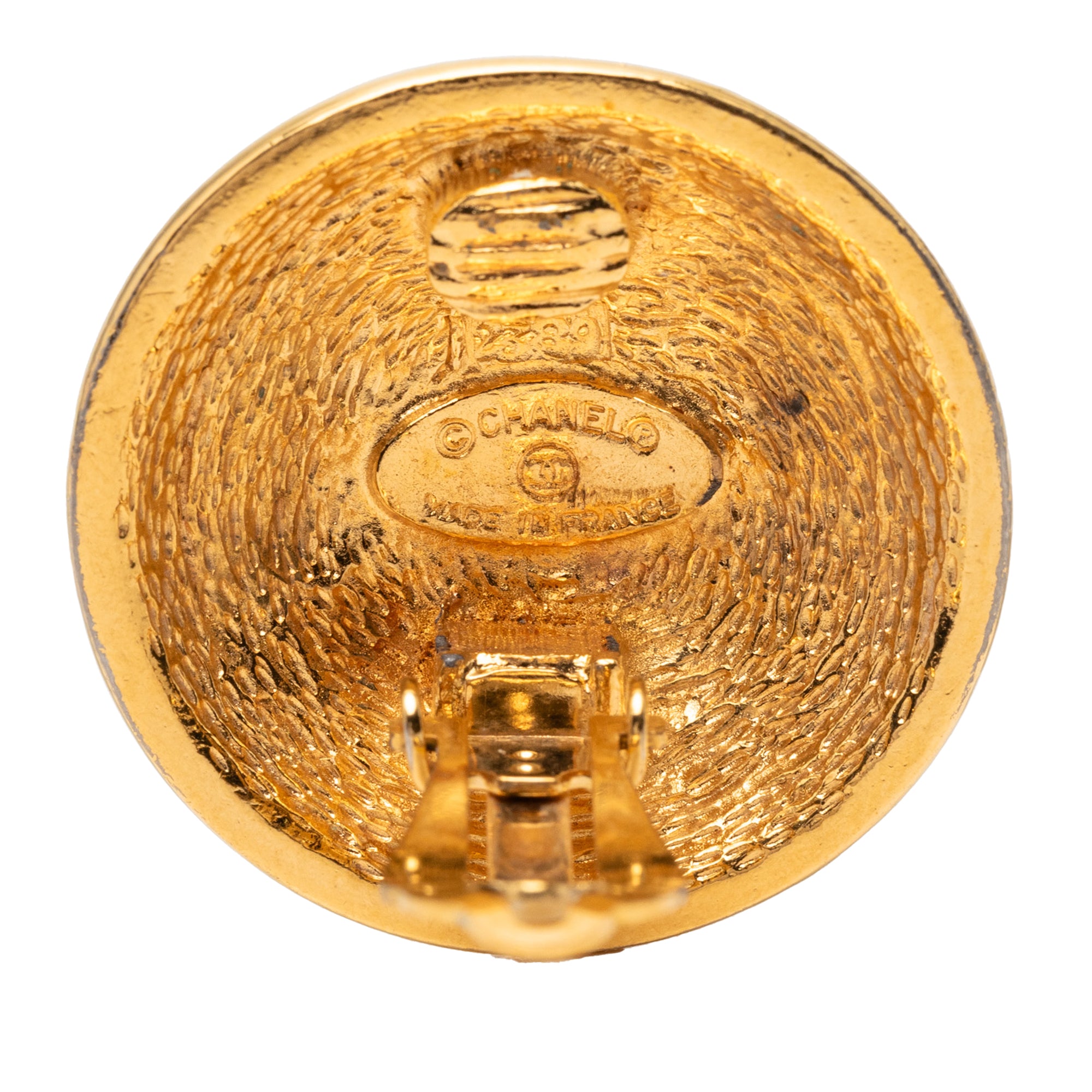 Gold Plated CC Quilted Round Clip On Earrings - Image 3