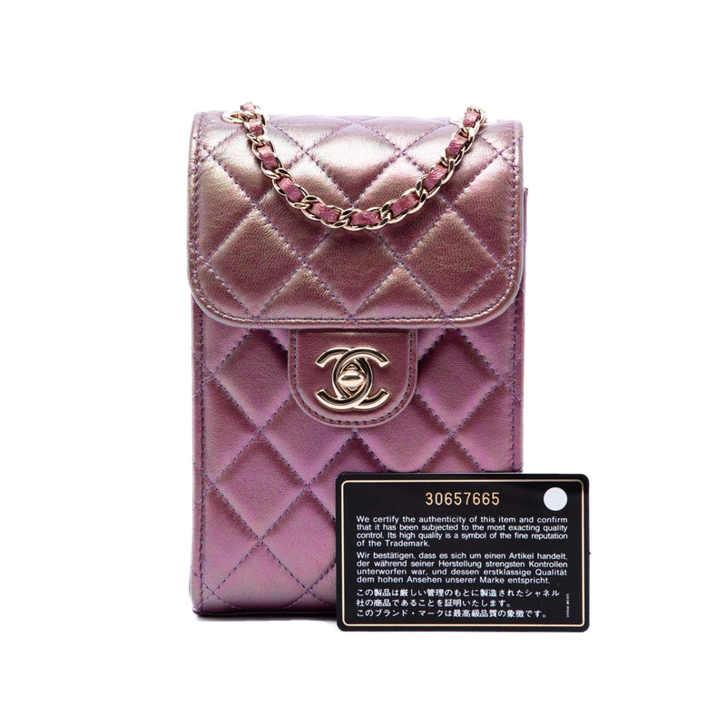 CC Quilted Iridescent Lambskin Phone Holder with Chain - Image 7