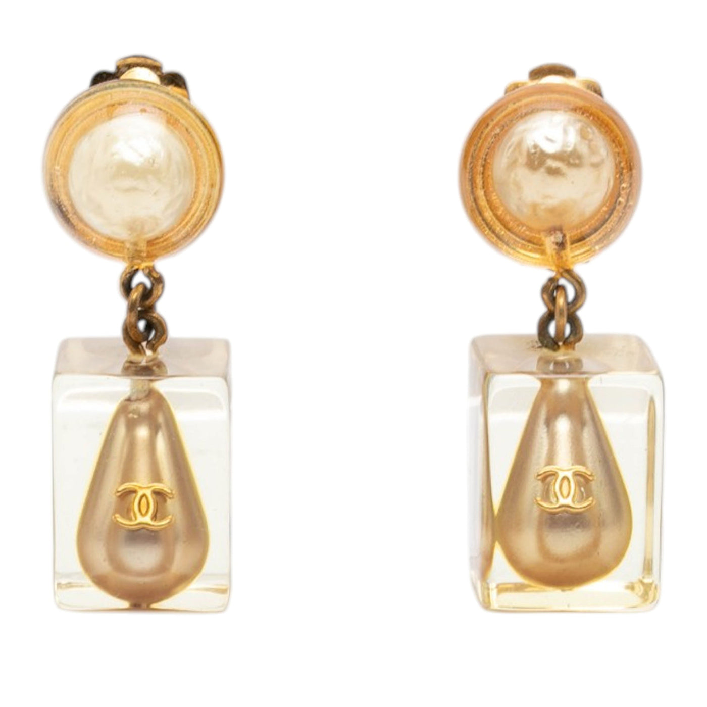 CC Gold Plated Resin Faux Pearl Cube Drop Clip On Earrings - Image 1
