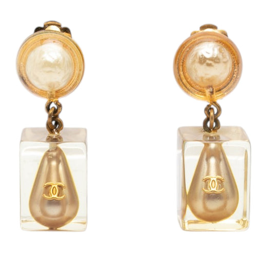 CC Gold Plated Resin Faux Pearl Cube Drop Clip On Earrings - Image 1