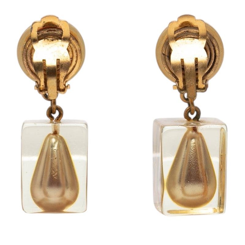CC Gold Plated Resin Faux Pearl Cube Drop Clip On Earrings - Image 2