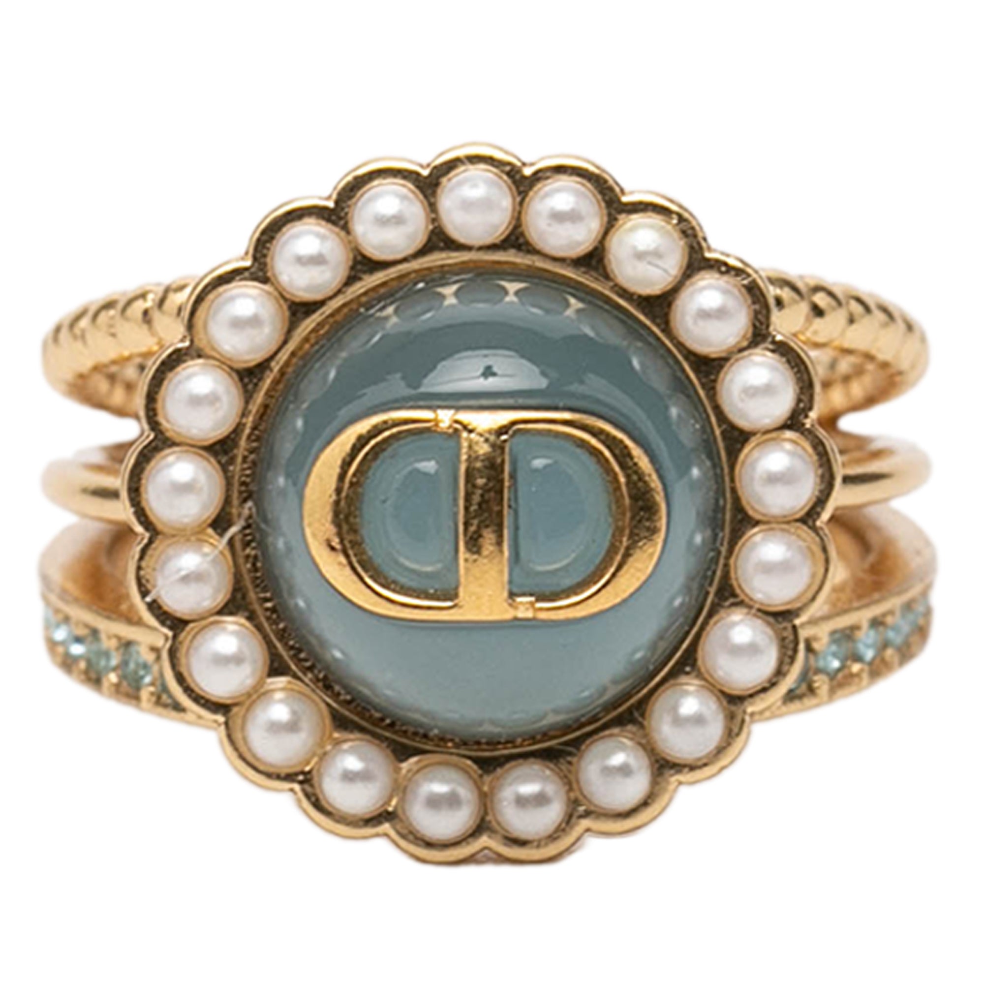 Gold Plated Resin Faux Pearl Strass CD Logo Ring - Image 1