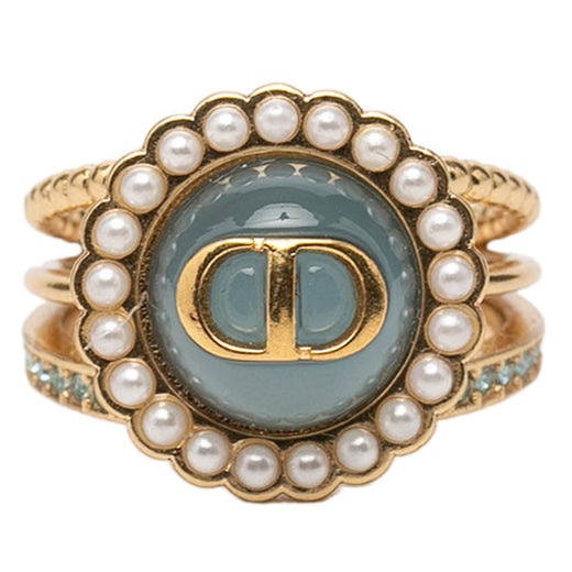 Gold Plated Resin Faux Pearl Strass CD Logo Ring - Image 1