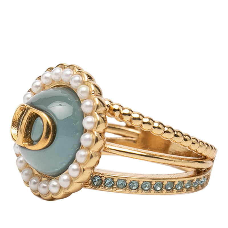 Gold Plated Resin Faux Pearl Strass CD Logo Ring - Image 2