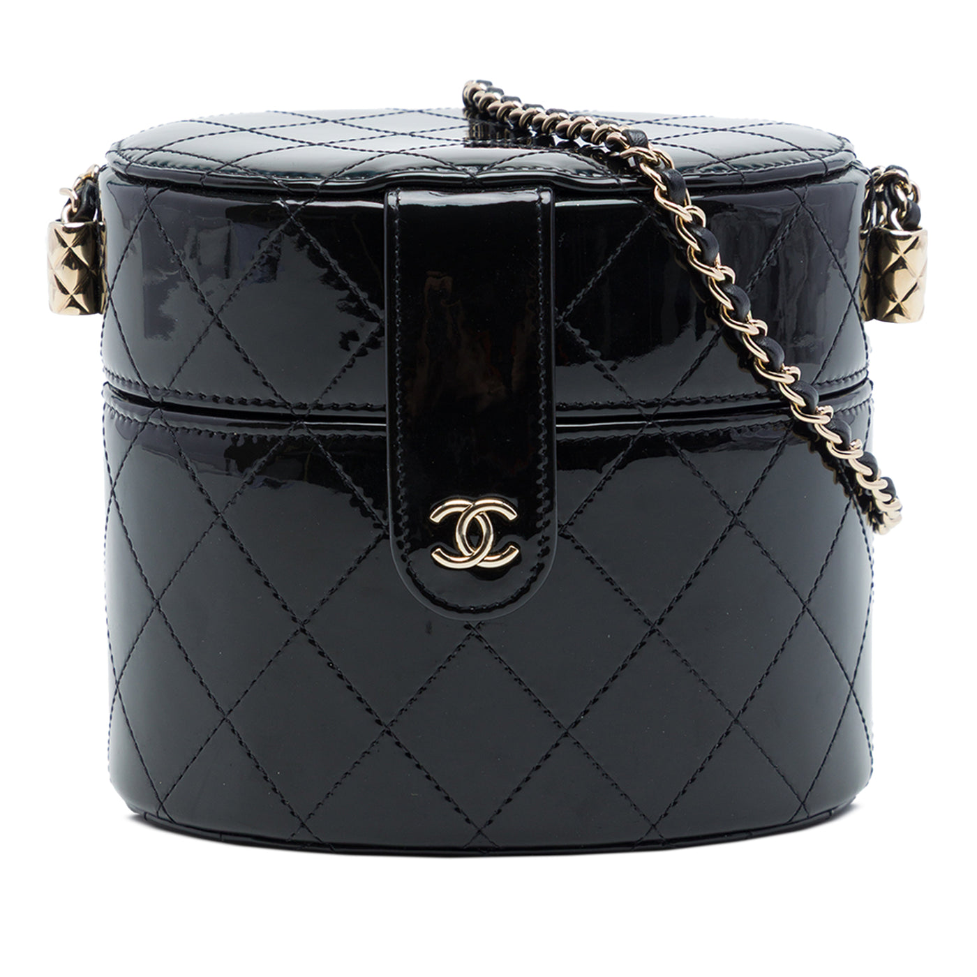 CC Quilted Patent Round Vanity Clutch With Chain - Image 1