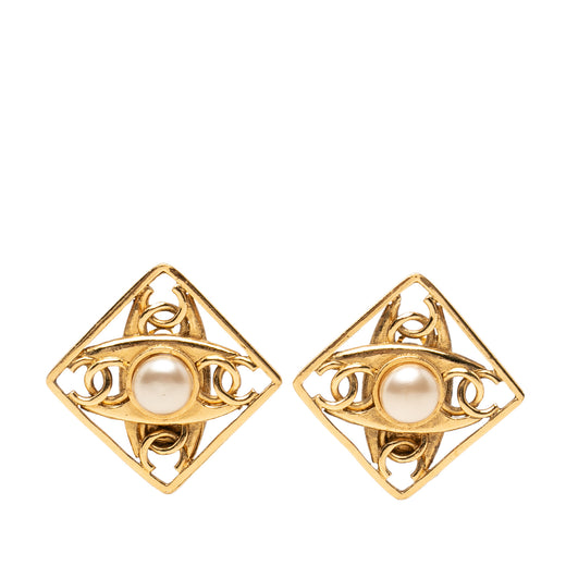 CC Gold Plated Faux Pearl Diamond Shaped Clip On Earrings - Image 1
