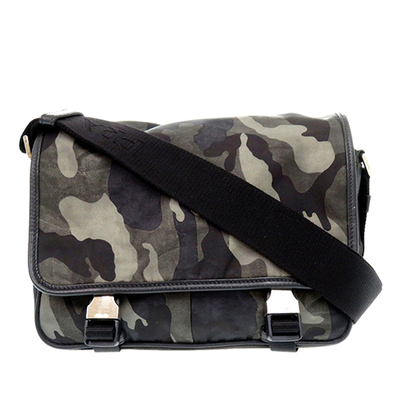 Saffiano Trimmed Tessuto Camouflage Double Buckle Messenger Bag