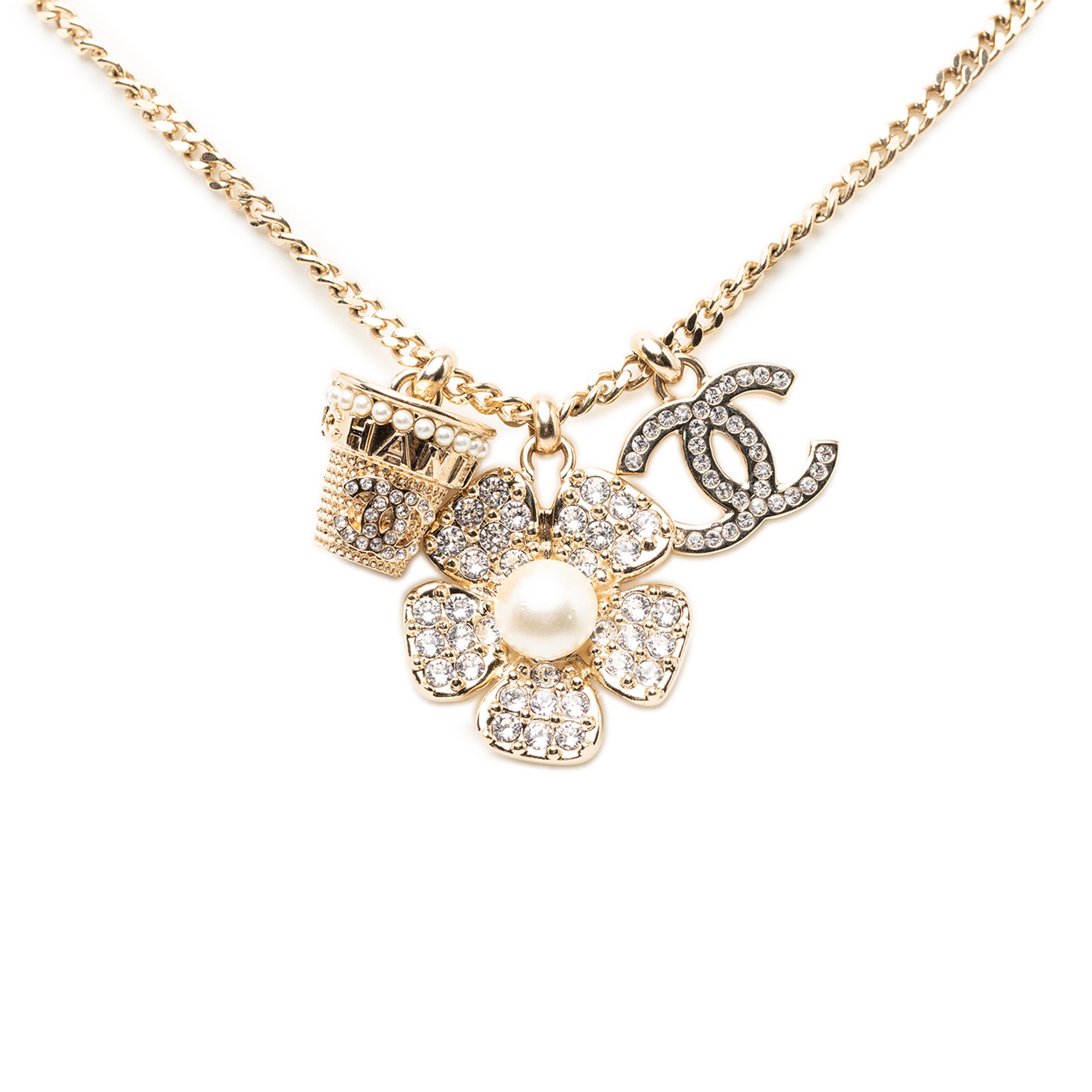 CC Gold Plated Strass and Faux Pearl Flower Pendant Necklace - Image 1