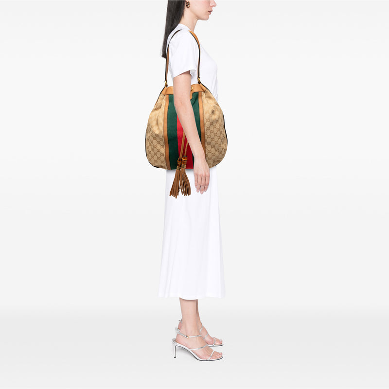 GG Canvas Web Rania Drawstring Hobo - Image 7