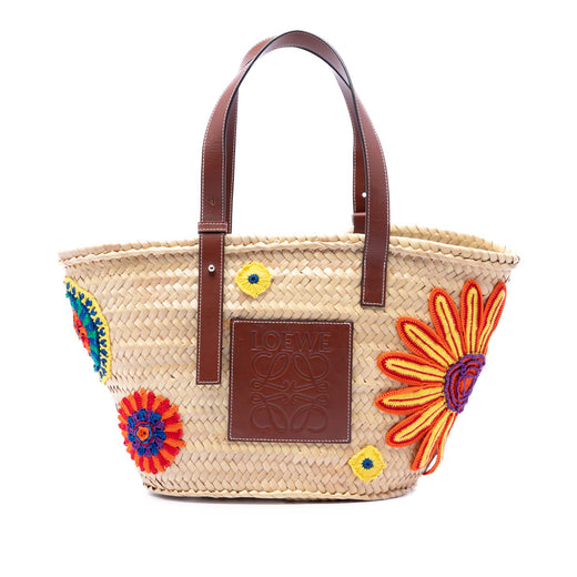 Large Floral Embroidered Raffia Basket Tote - Image 1