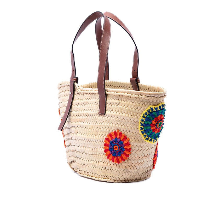 Large Floral Embroidered Raffia Basket Tote - Image 2