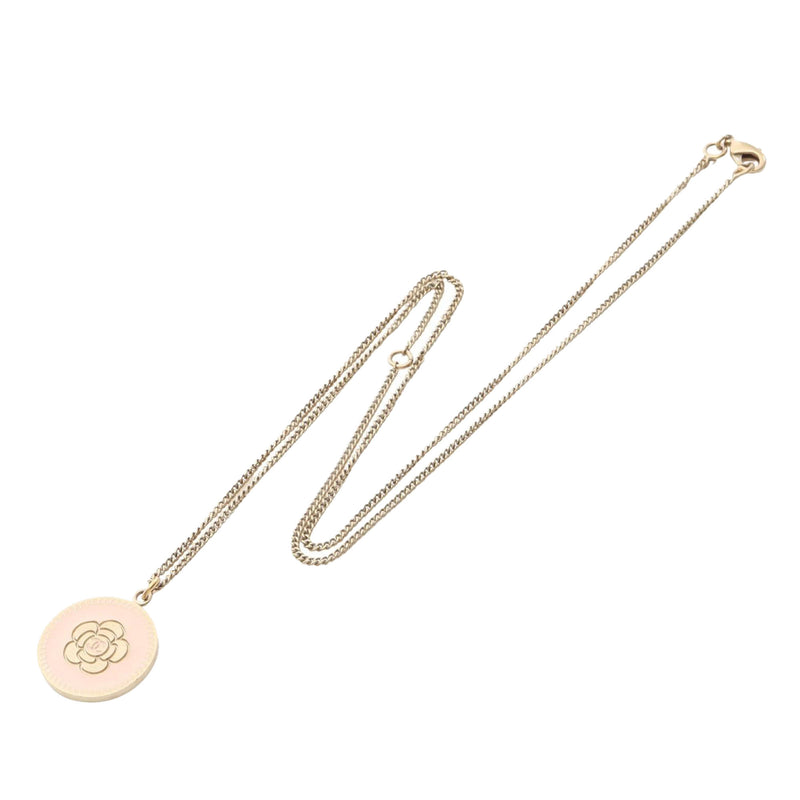 CC Gold Plated and Enamel Camellia Round Pendant Necklace