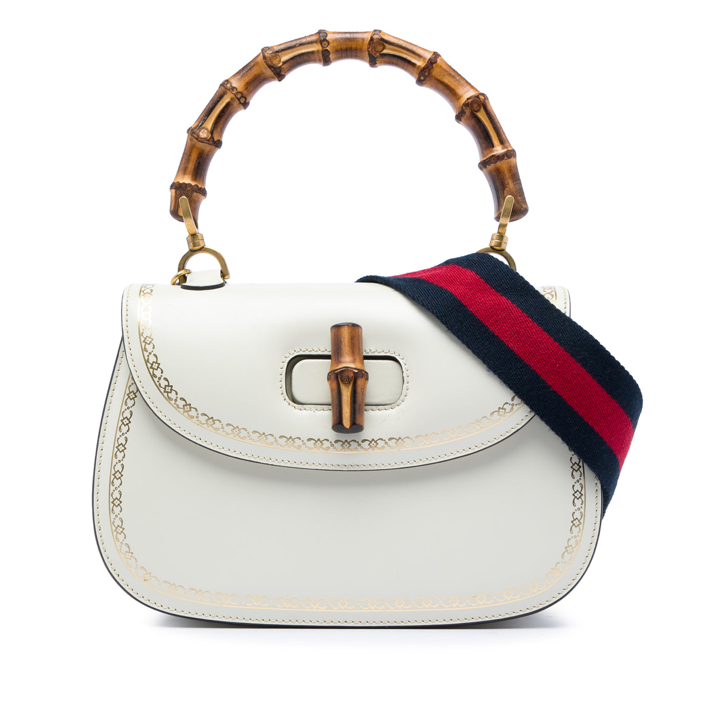 Calfskin Frame Print Bamboo Web Top Handle Bag - Image 1