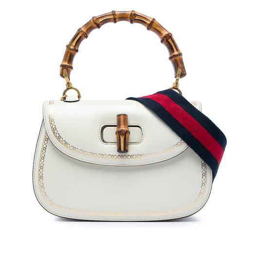 Calfskin Frame Print Bamboo Web Top Handle Bag - Image 1
