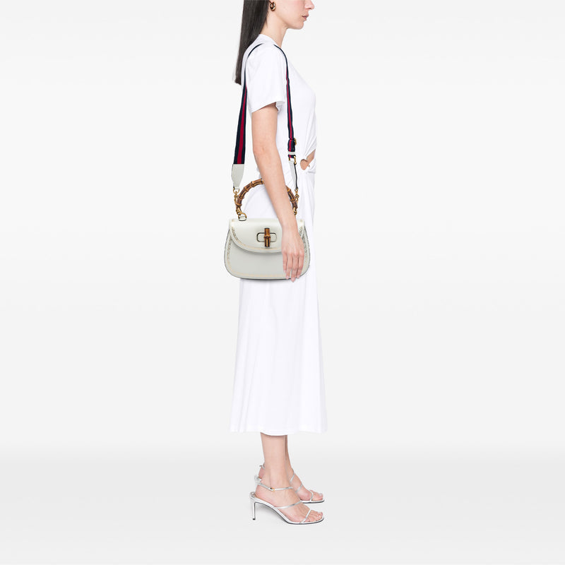Calfskin Frame Print Bamboo Web Top Handle Bag - Image 5