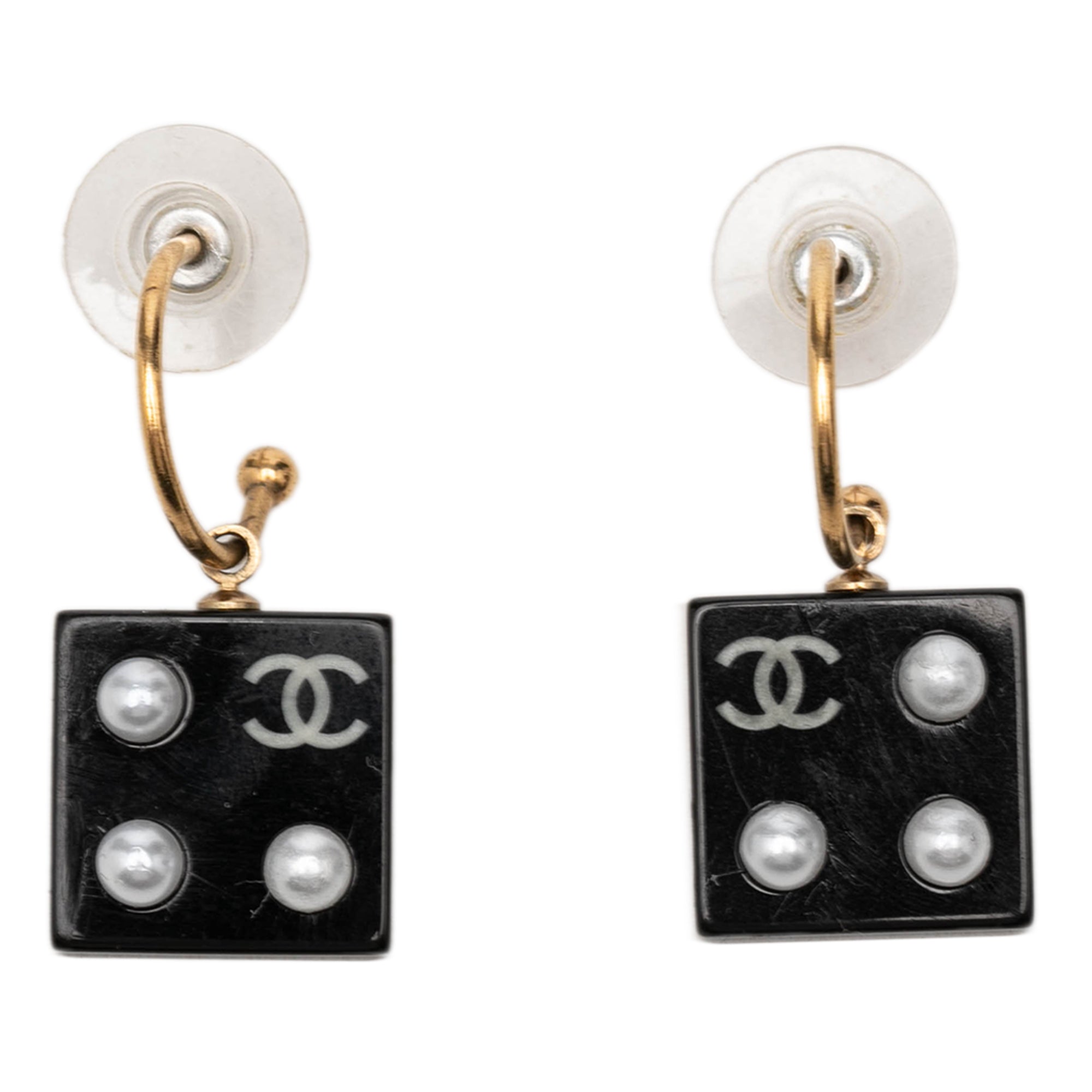 CC Gold Plated Resin and Faux Pearl Dice Drop Push Back Earrings - Image 1