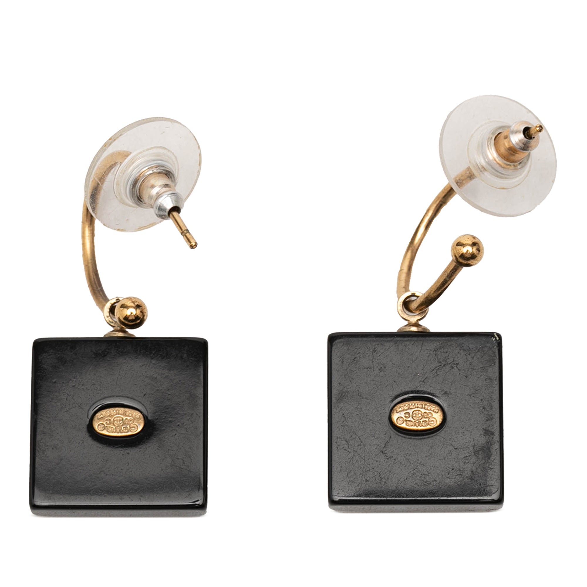 CC Gold Plated Resin and Faux Pearl Dice Drop Push Back Earrings - Image 2