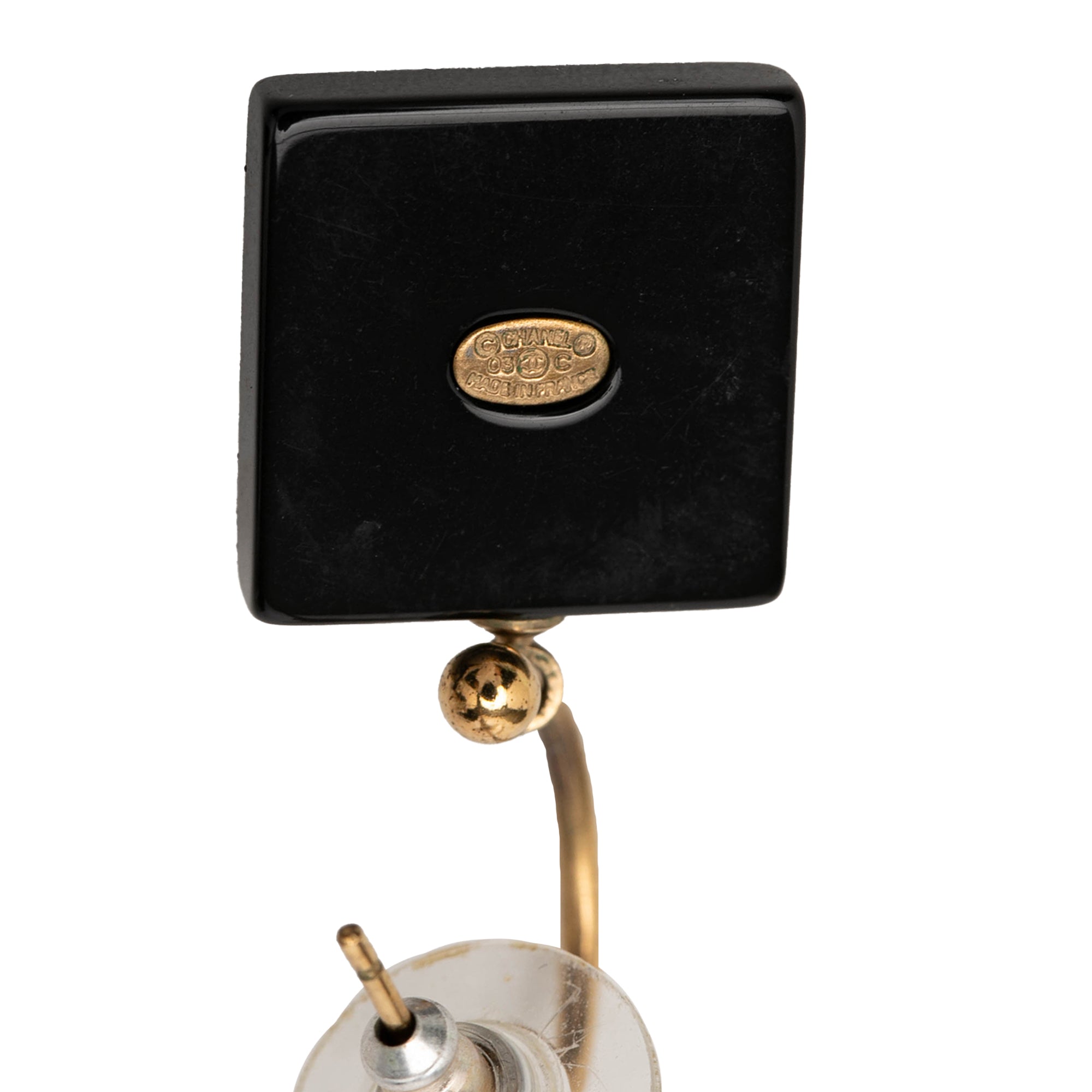 CC Gold Plated Resin and Faux Pearl Dice Drop Push Back Earrings - Image 3