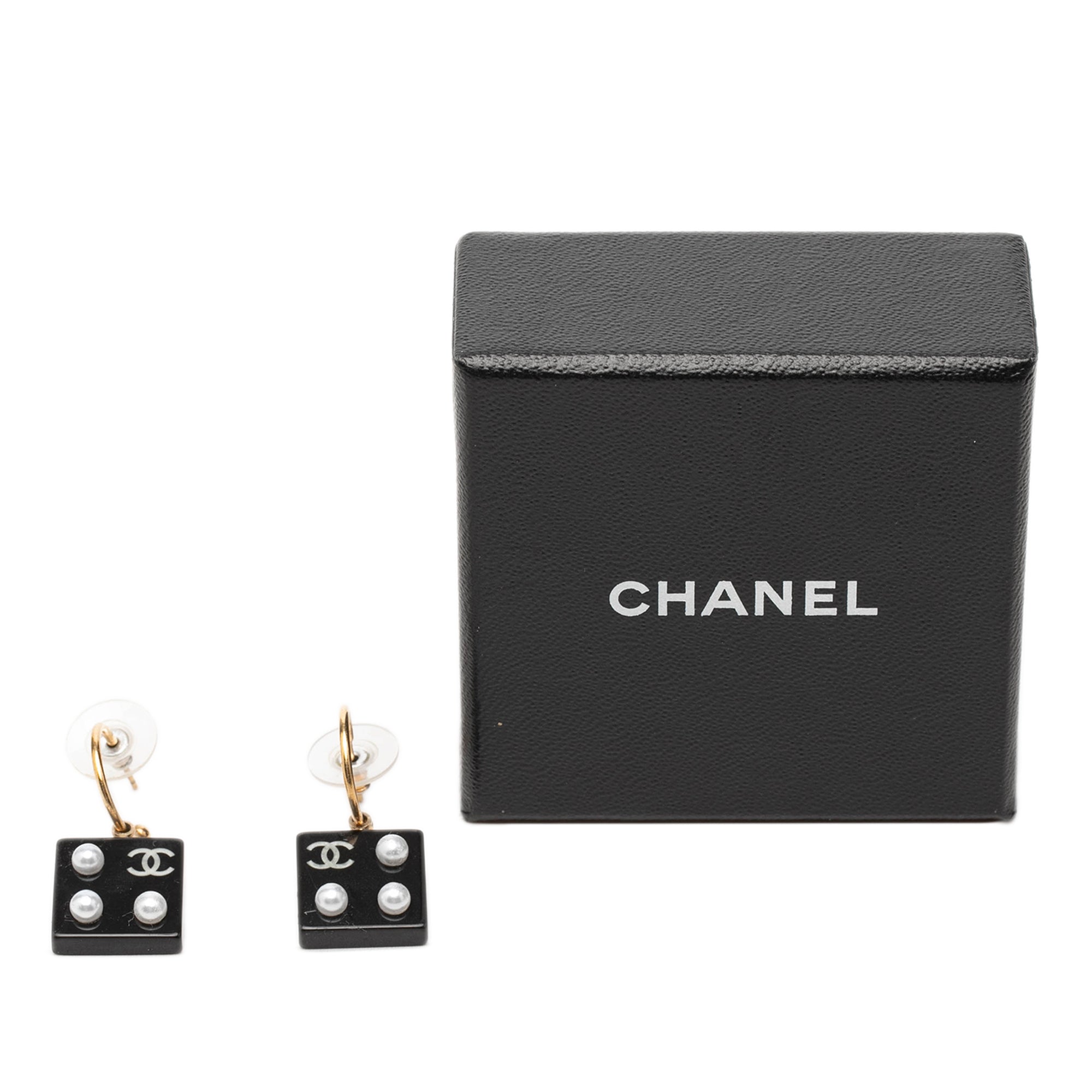 CC Gold Plated Resin and Faux Pearl Dice Drop Push Back Earrings - Image 4