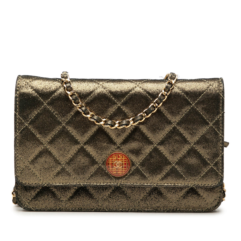 Quilted Iridescent Lambskin Tartan Button Wallet On Chain